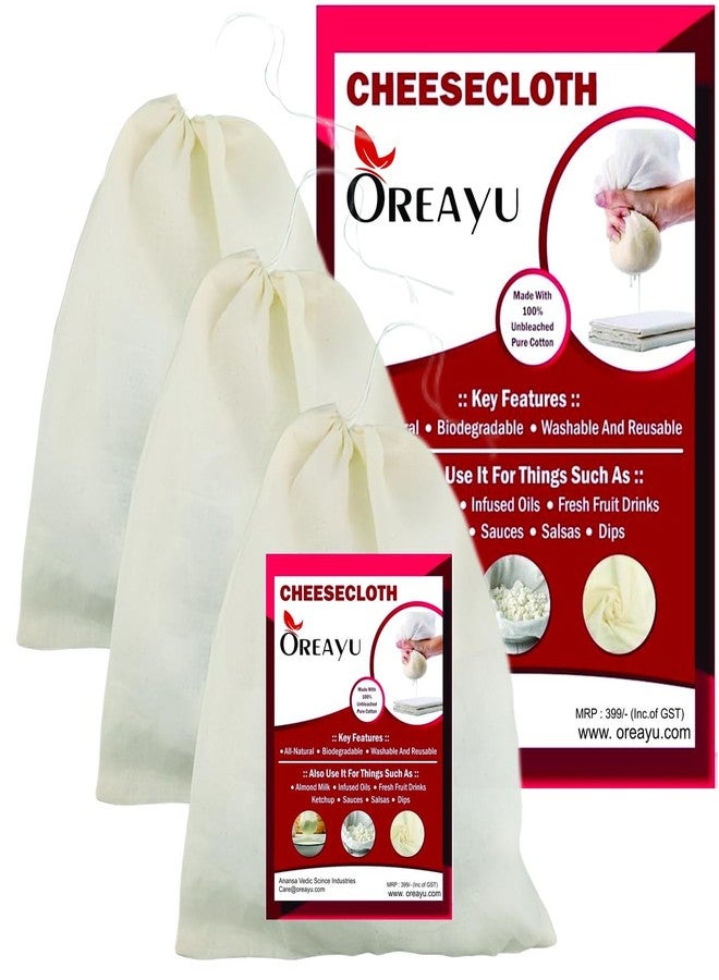 OREAYU Prime Muslin Cheese Nut Milk Cloth Bag for Kitchen, Unbleached Reusable Cotton Bags for Straining Juice as Strainer, Masala Potli, Spice Bag, Paneer, Curd, Cheese, 10x7inches 3 Pcs - Image 1